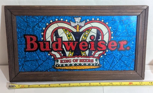 Budweiser King Of Beers VTG Jeweled Crown Foil Bar Mirror Sign 9.5" x 15.5" VG+