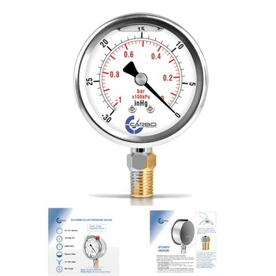 2.5'' Dual Scale Vacuum Pressure Gauge inHg/Bar - Stainless Steel, Heavy Duty