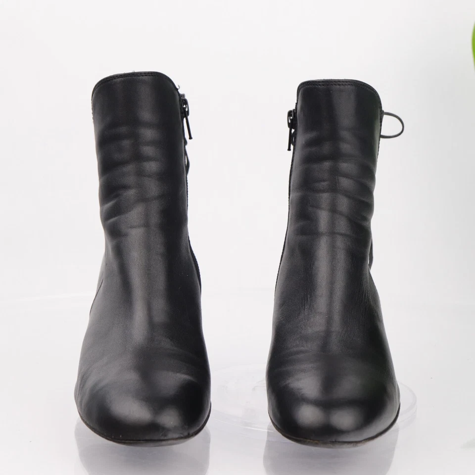 Bota AGL Italia Para Mujer Talla 37 7 Cuero Negro Tacón Bloque Botín Atado Espalda Cómoda Foto 2 de 4