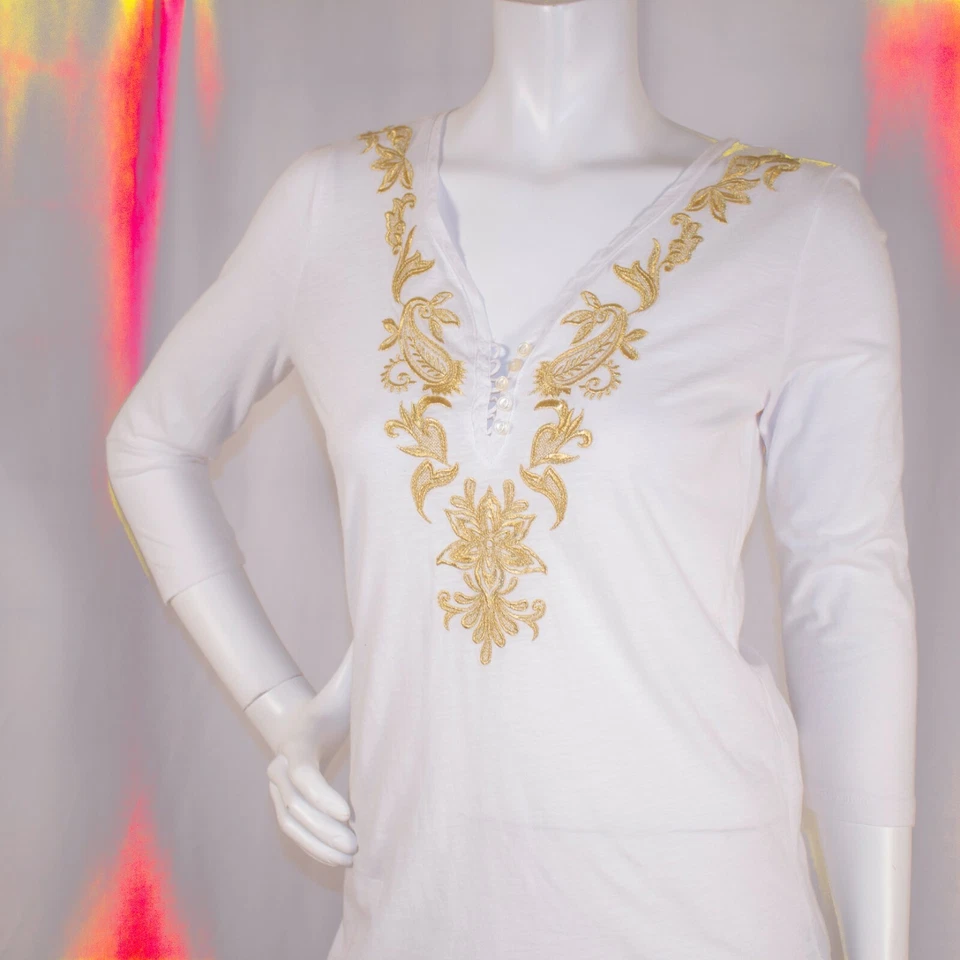 RALPH LAUREN 白金佩斯利刺绣棉女式束腰上衣 S 码 — 第 3/4 张图片