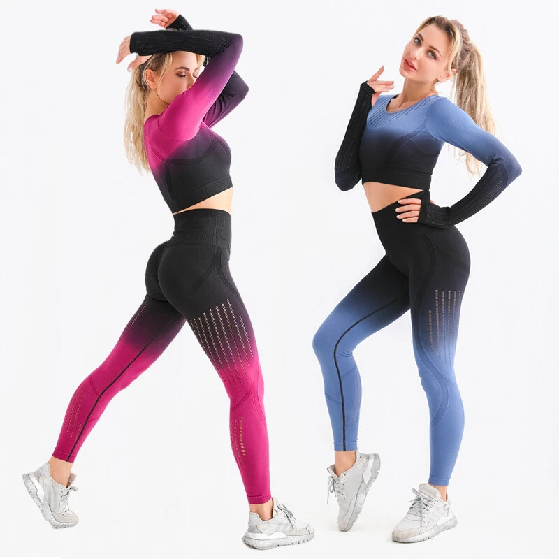 Womens 2 Piece Workout Set Seamless Yoga Sportswear Legging Crop