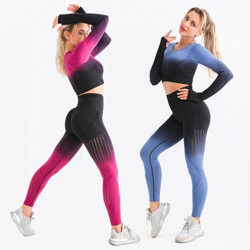 2-teiliges Damen-Trainingsset nahtlos Yoga Sportbekleidung Leggings kurzes Oberteil Fitnessstudio Kleidung - Bild 1 von 8