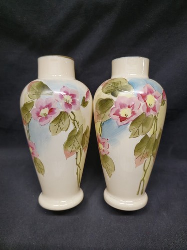 Pair Antique opaline glass vase hand painted flowers Cream Color Pink Flowers - Picture 3 of 24