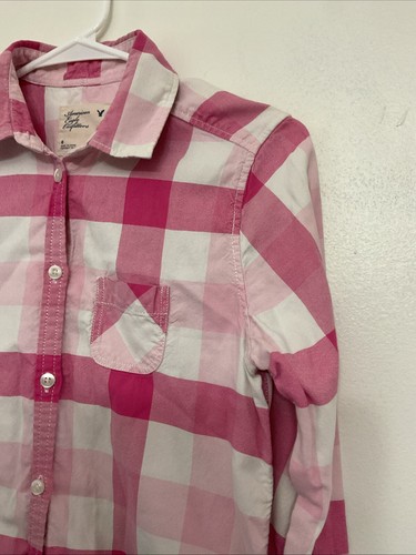 American Eagle Shirt Women’s Size 6 Pink Plaid Button Up Long Sleeve - Picture 8 of 19
