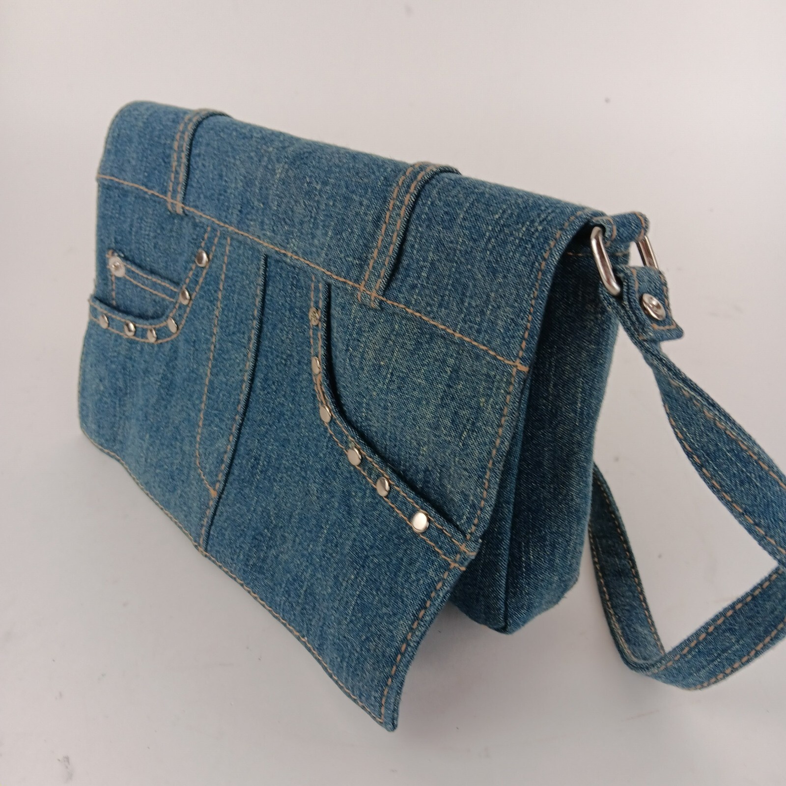 Womens Solid Blue Rectangular Shaped Studded Deni… - image 6