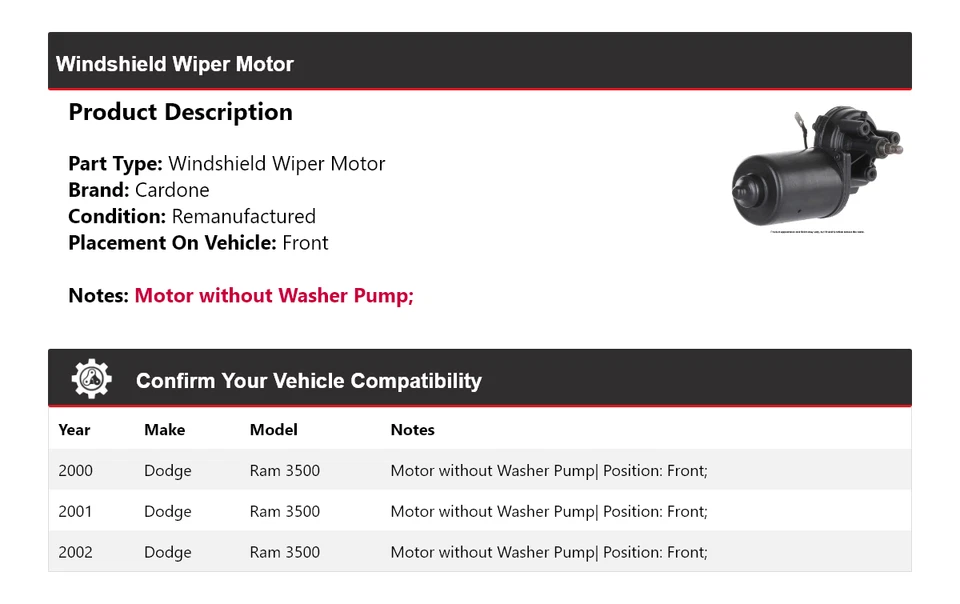 适用于 2000 - 2002 道奇 Ram 3500 挡风玻璃 Wiper 电机前 Cardone 2001 — 第 2/4 张图片
