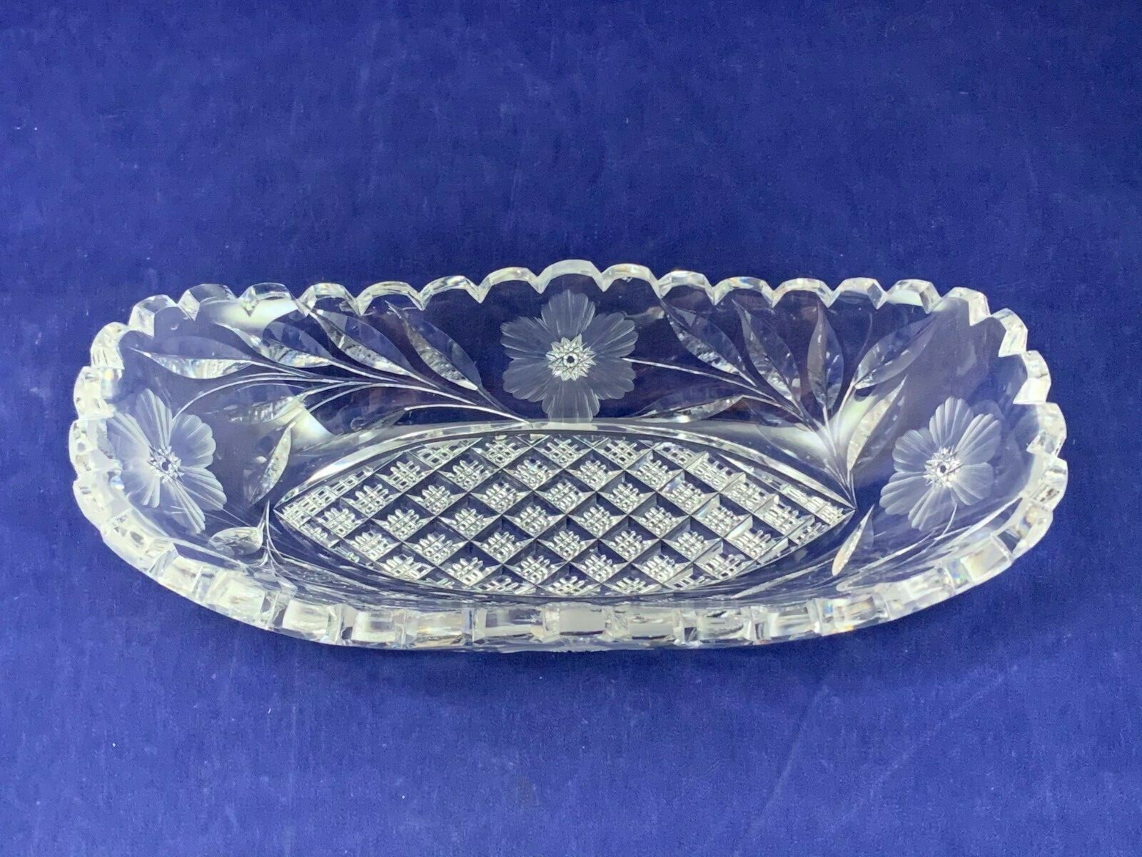 American Brilliant Cut ABC Crystal Relish Banana Split Dish Oval Flower Sawtooth