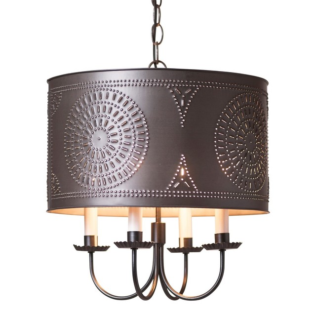 Drum Chandelier Kettle Black Punched Tin Hanging Light Usa Handcrafted