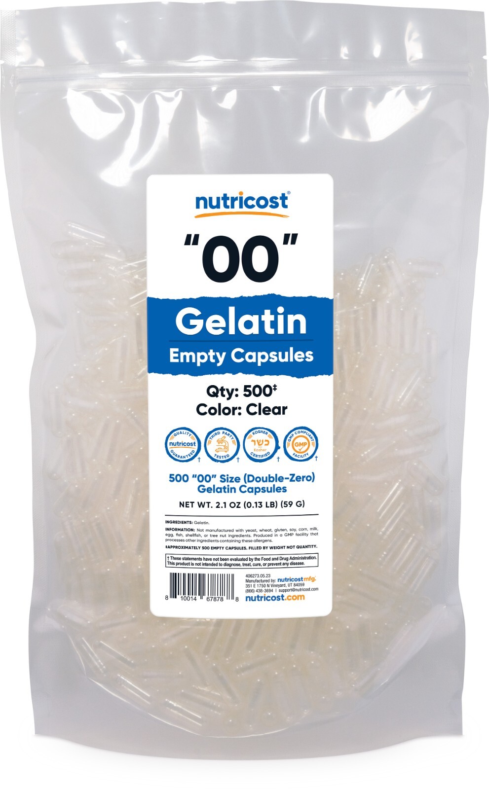 Пустые капсулы Nutricost с желатином размером 00-500 Прозрачных кошерных гелевых капсул по 00 штук