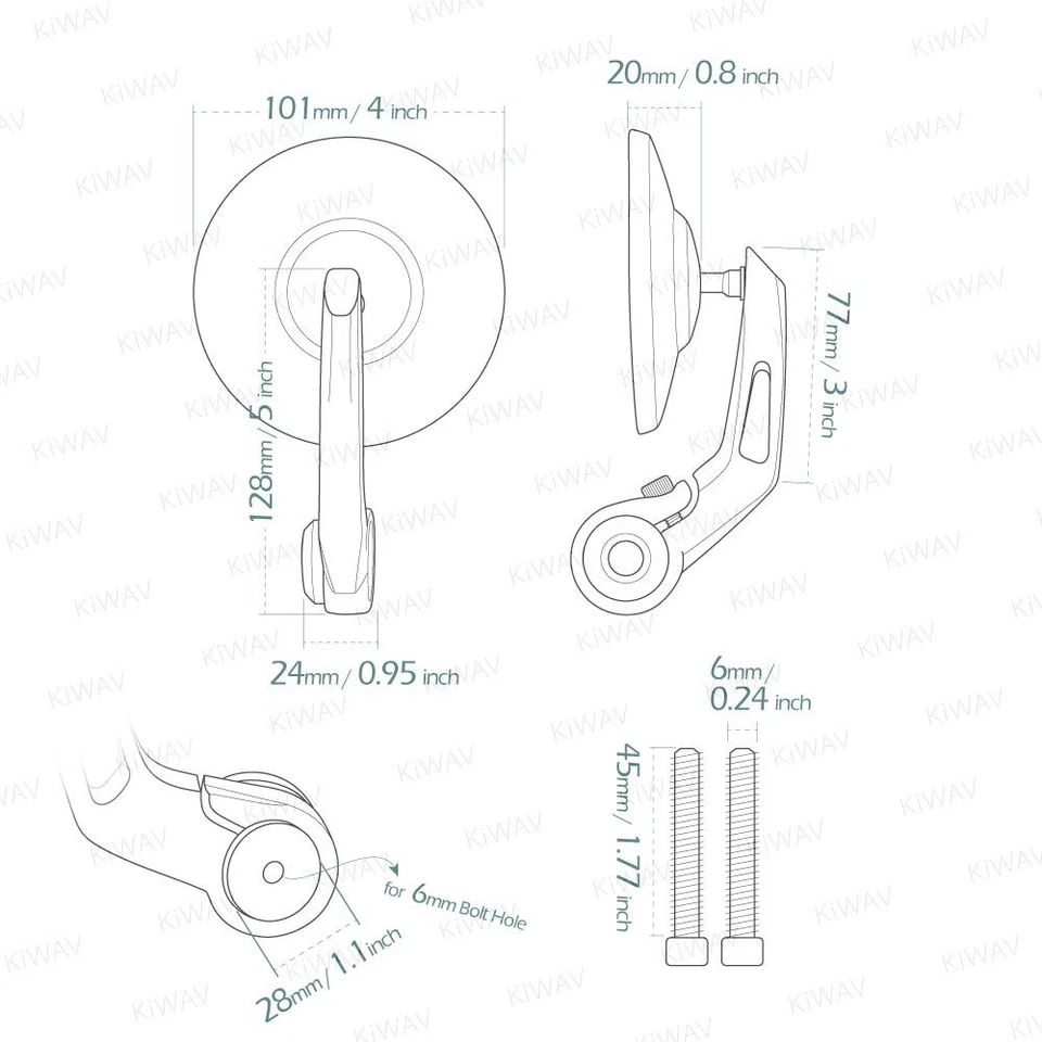 Bar end mirror BOB black round short stem 6mm bolt-on fits Yamaha YZF-R1 - Imagem 2 de 4