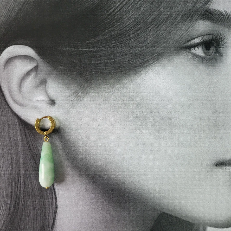 Зеленый кварц нефрит длинный каплевидные серьги с застежкой-кольцом - Изображение 4 из 4