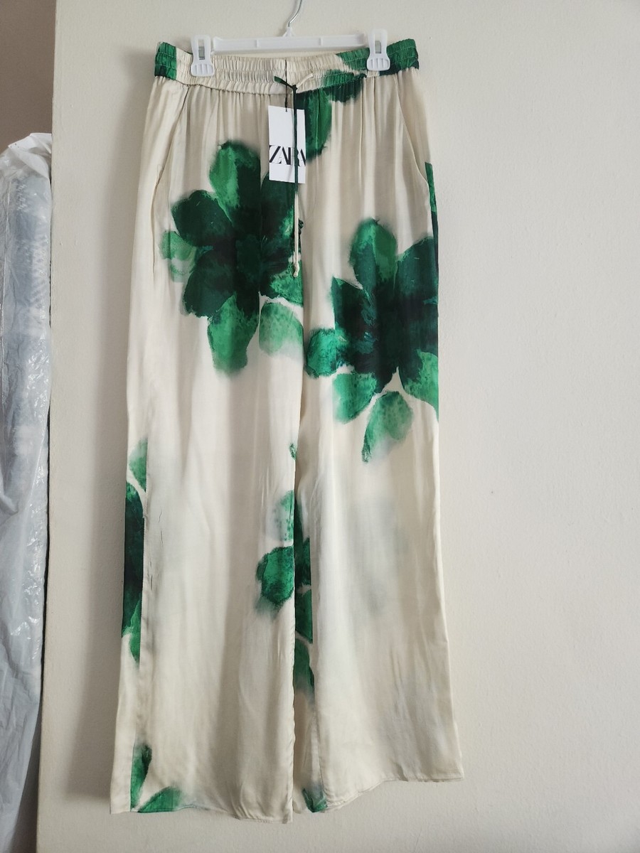 Zara Flowy pajama Style Pants Print Floral Ecru/green Sz XXL