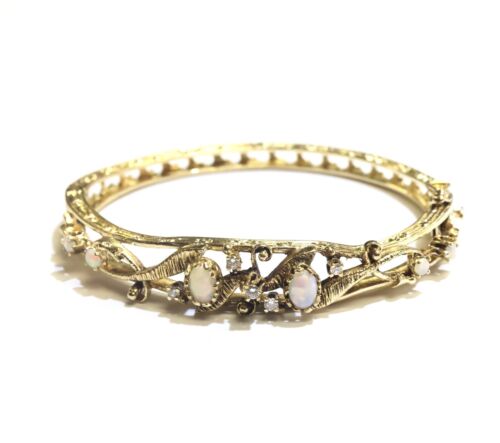 Brazalete con bisagras de diamantes de ópalo de oro amarillo de 14 quilates 15,3 g 7" vintage - Imagen 2 de 10
