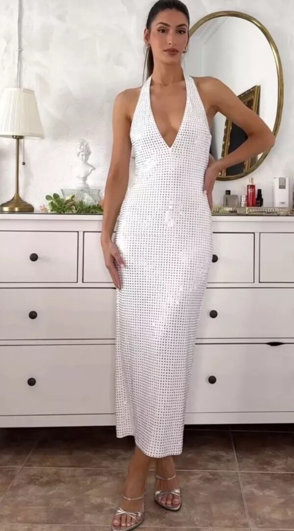 ZARA WOMAN SS24 MIRRORS HALTER MIDI DRESS SILVER L 4772/302