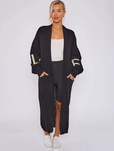 Womens LOVE Print Balloon Sleeve Open Front Knitted 2 Front Pocket Maxi Cardigan - Picture 2 of 15