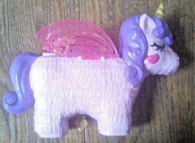 Polly Pocket Unicorn Party Compact Playset Carry Case Pink Piñata W/Accessories