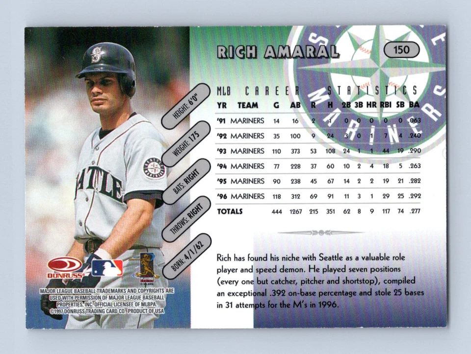 1997 Donruss Team Sets #150 Rich Amaral Seattle Mariners - Image 2 of 2