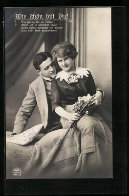 Photo Postcard R & K / L: How Beautiful You Are!, Couple with a Bouquet of Flowers 