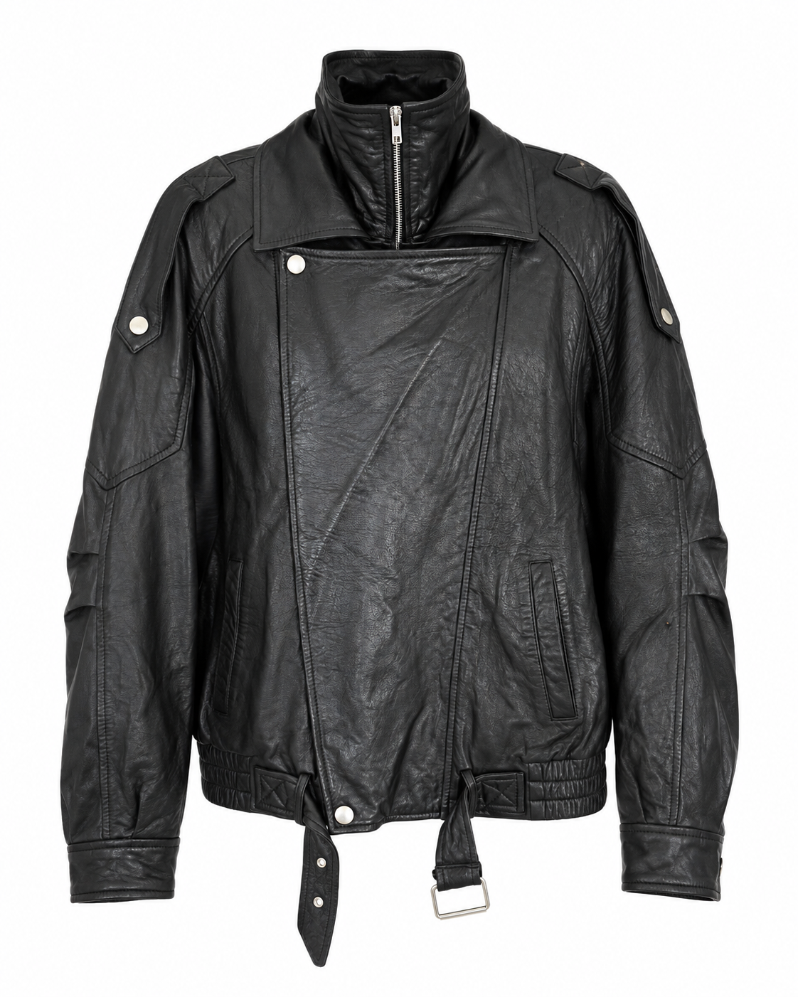 Oversized Black Leather Funnel Neck Moto Jacket Size S