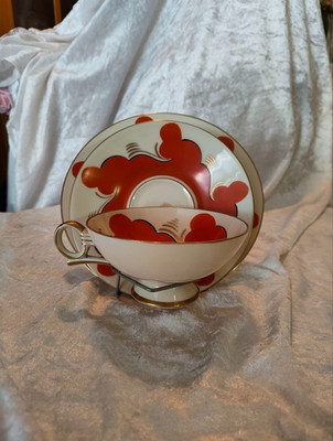 Schaubach Kunst Sammeltasse mit Unterteller Art Deco Rot Gold Ornament selten