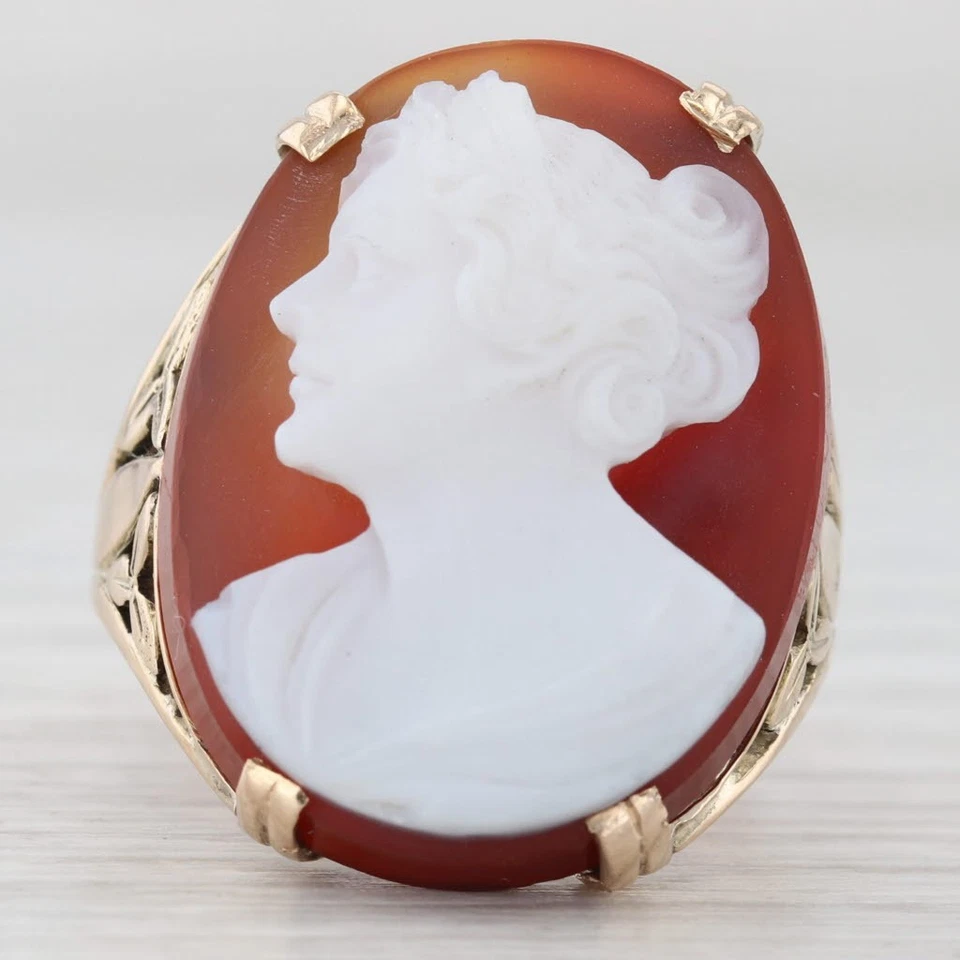 Vintage Carved Sardonyx Cameo Ring 14k Yellow Gold Size 7 Statement - Image 2 of 4