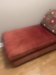 Red Microfiber Chaise Lounge, 65”x 33” x 33”. Seats 3