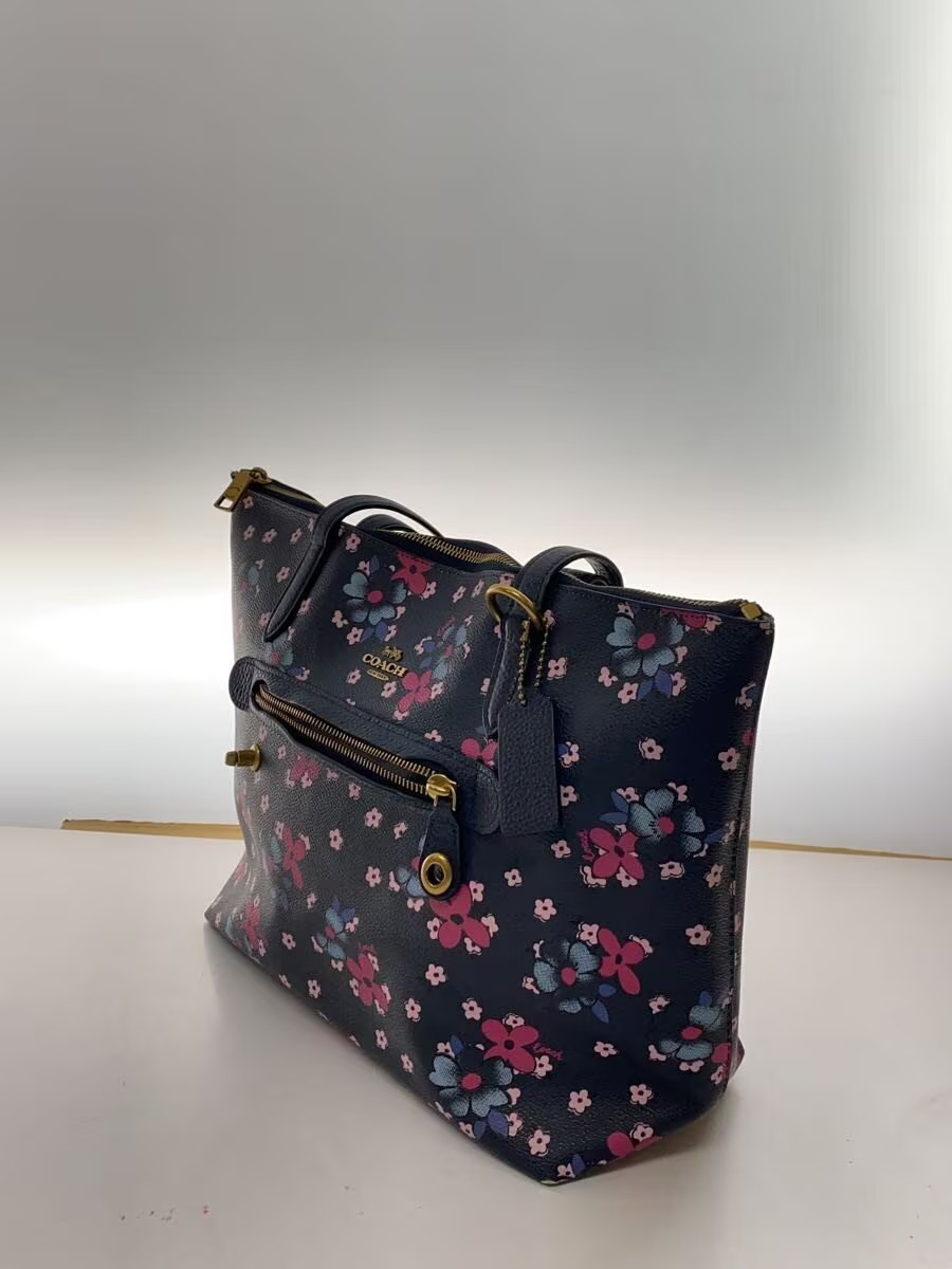 COACH Leather Handbag in NVY with Floral Print, Scratched Right Corner thumbnail 2