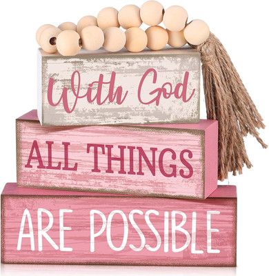 4 Pcs Christian Table Decor Pink Rustic Wooden Block Sign Set with God All Thing