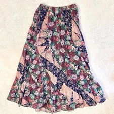 Vintage Handmade Floral Patchwork Quilted Maxi Skirt Stretchy Elastic Waist M