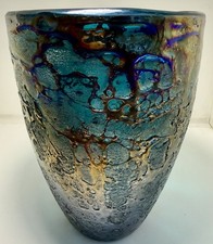 Studio Art Glass Thick Heavy Glass Flower Vase. Blue Interior Iridescent Finish