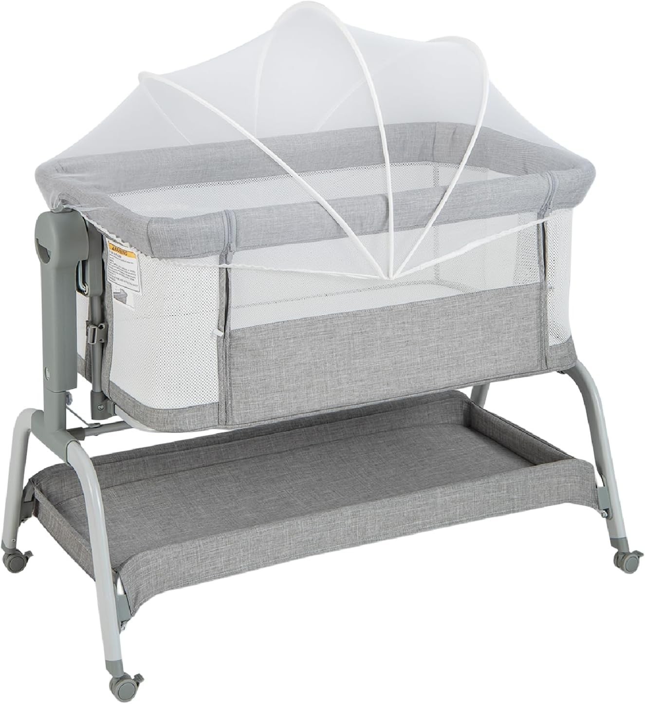 4-in-1 Baby Bedside Crib with Adjustable Height, Mosquito Net & Storage Grey