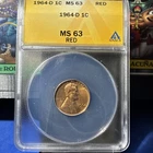 1964-D Lincoln Cent MS63 RED ANACS Slabbed Certified Penny