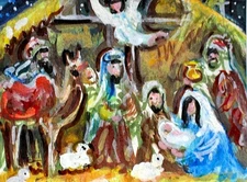 ACEO Original Christmas MANGER Painting Nativity Religious Mary Jesus Animal ART
