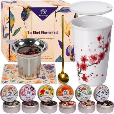 Harmoleaf Tea Gift Set for Women  6 Herbal Loose Leaf Tea Blends, Insulated C...