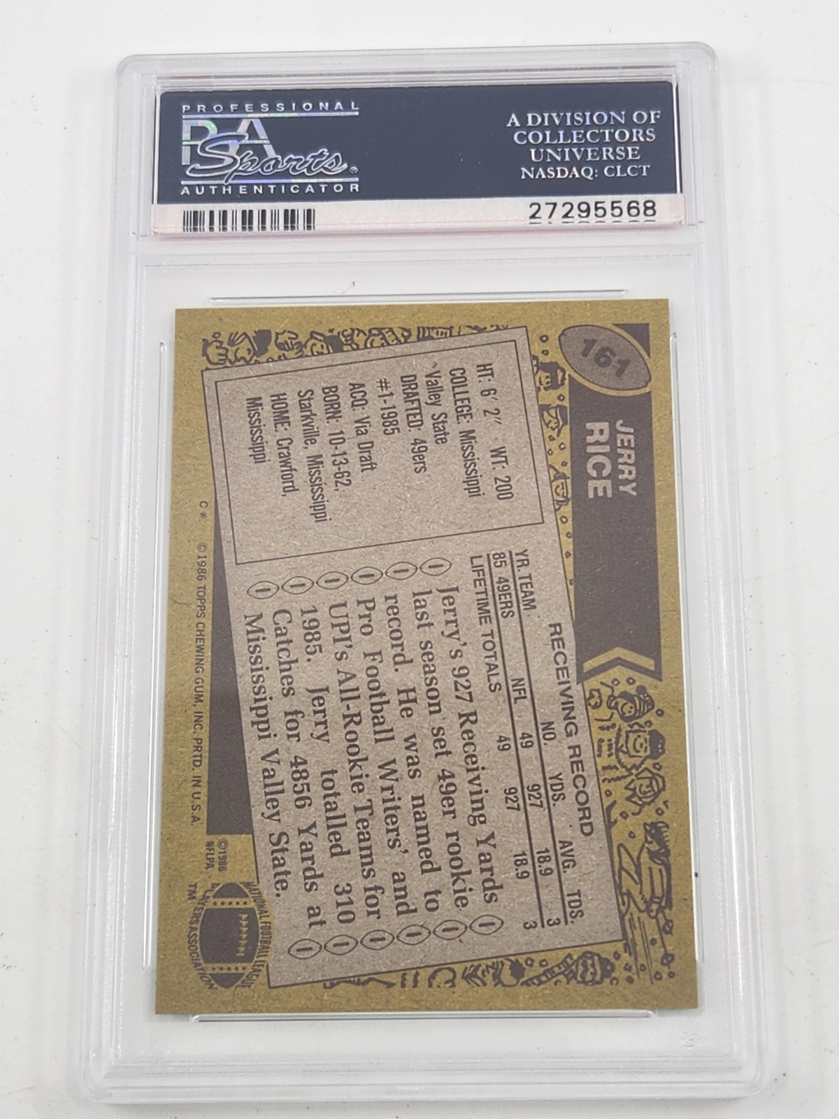 1986 Topps JERRY RICE PSA 7 Near Mint Rookie Card #161 San Francisco 49ers HOF view 2