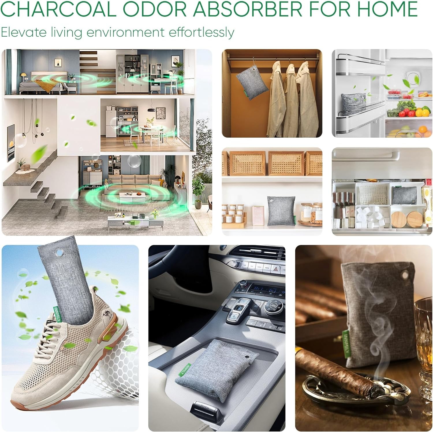 Activated Charcoal Odor Absorber,6 Pack Nature Odor Eliminator for Shoes, Bamboo