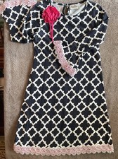 Rare Editions Girls Size 14 Dress Black White Quatrefoil Bell Sleeve Pink Lace