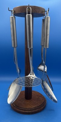 Vtg Eterna by Ekco Set Of (6) Stainless Steel Kitchen Utensils W/Wooden Stand