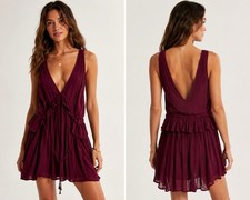 Free People Purple Deep V Babydoll Mini Dress Women Size L Boho Tie Front Tassel