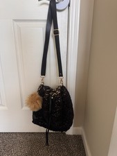 Black Bucket Drawstring Bag Pom Pom Adjustabl...