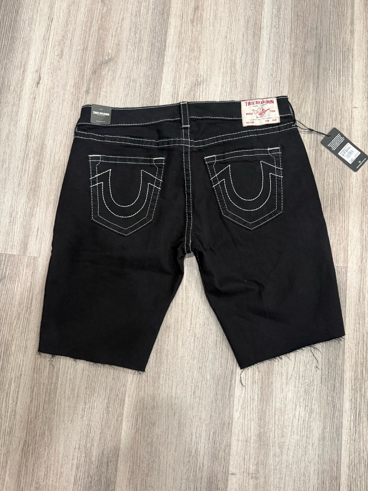 True Religion Big T Raw Hem Black Denim Men's Shorts Contrast Stitching Jeans thumbnail 3