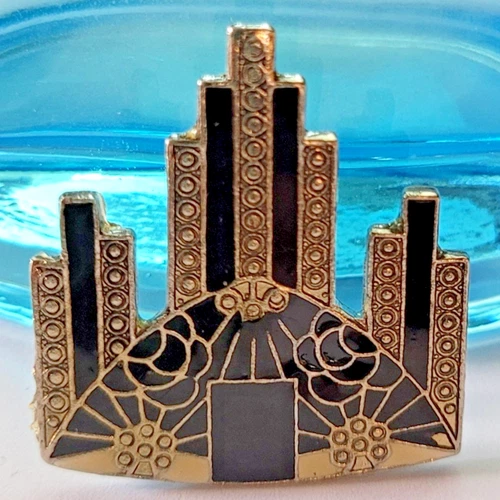 Vintage Art Deco Black Enamel Silver Brooch Pin City Skyline Jewelry Skyscraper