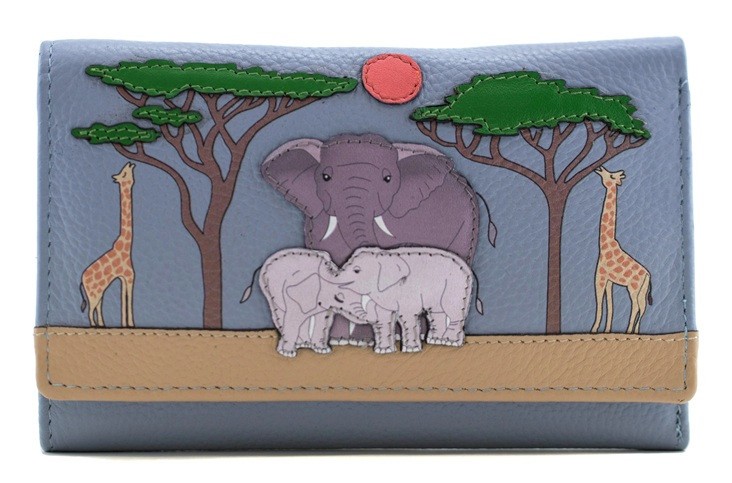 Mala Leather Savanna Safari Scene Tri Fold Large Purse RFID Protection Dust Bag