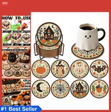 Diamond Painting Coasters Kit 8 Pcs Halloween Cute Pumpkin Design Wooden DIY