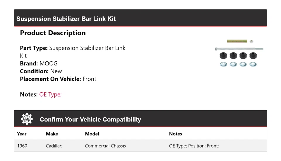 Kit de enlace de barra estabilizadora de suspensión de chasis comercial MOOG para Cadillac 1960 Foto 2 de 4