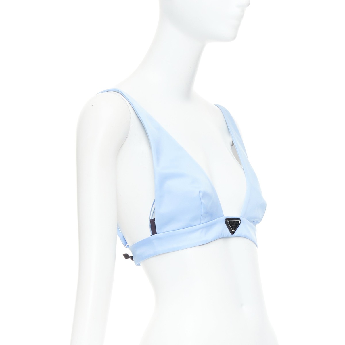 PRADA Re-Nylon light blue triangle logo plunge crop top