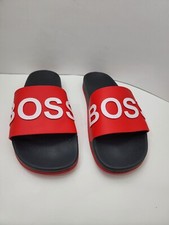 NIB Hugo Boss Logo Bay Slides Sandals Black / Open Red EU 41 US 7 Italy
