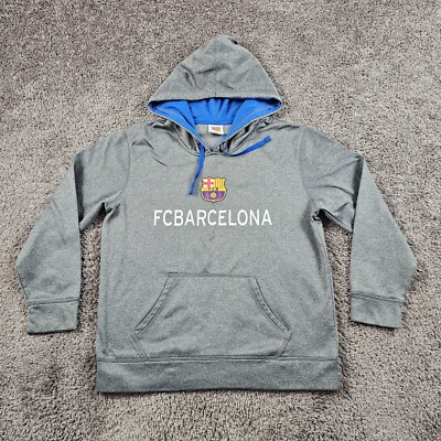 FC Barcelona Hoodie Men Large L Gray Fleece Pockets Breathable