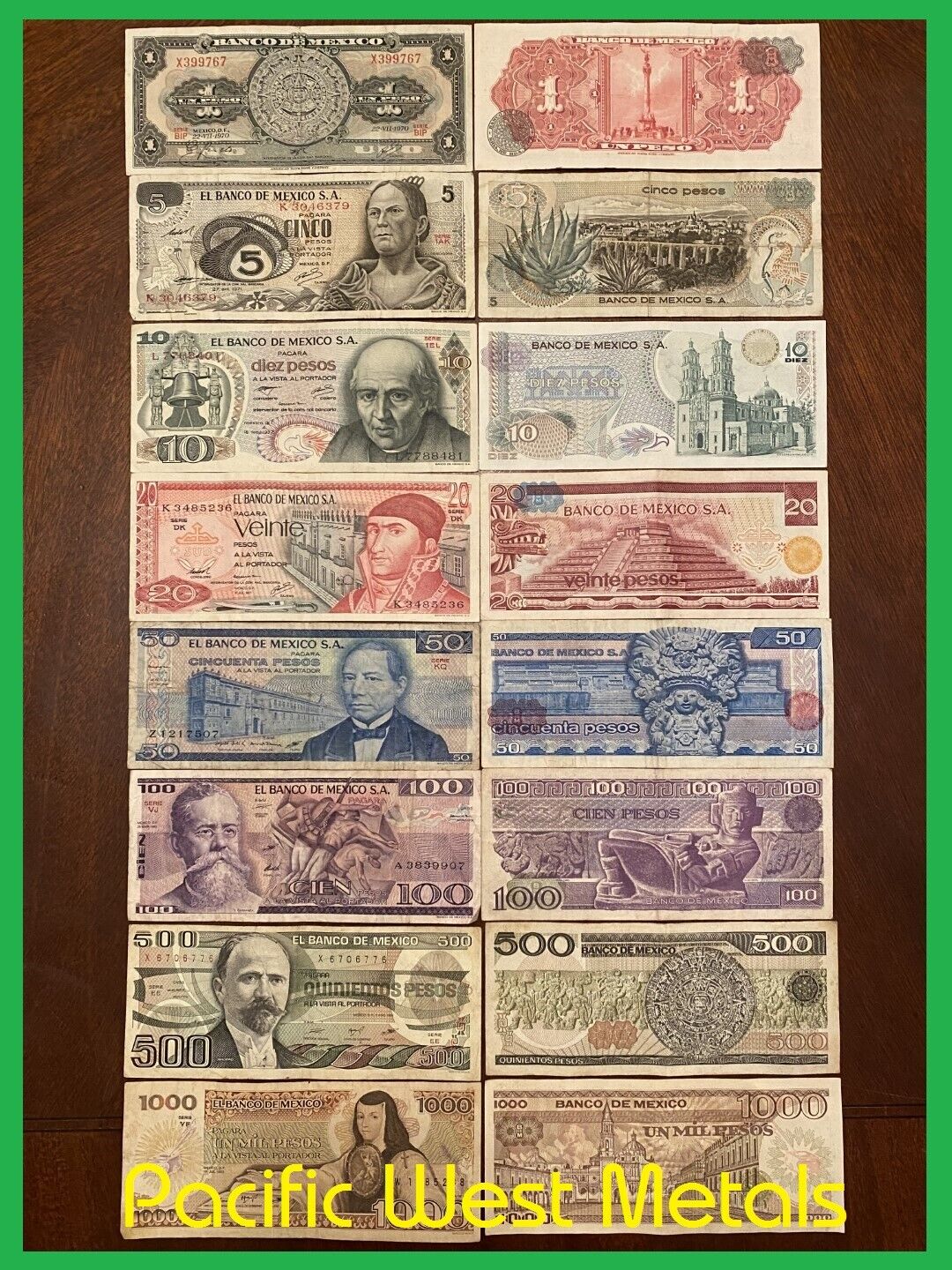 LOT of 8 MEXICO PESO BANKNOTES SERIES 1,5,10,20,50,100,500,1000 BDM MEXICO BILLS