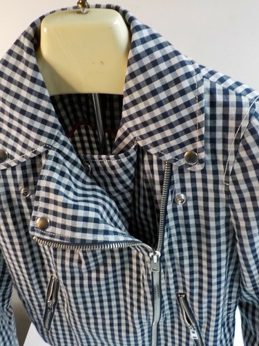 J CREW  Check Moto Style Jacket Asymmetrical Zip Blue/Ivory Cotton Blend SZ 4 - Picture 7 of 8